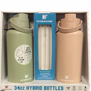 Hydraflow Insulated 34 oz Stainless Steel Wall Bottles with Straw Cleaning Brush